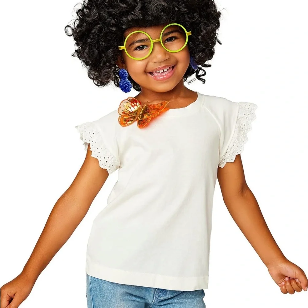 Disney Encanto Black Wig with Orange Butterfly and Green Glasses